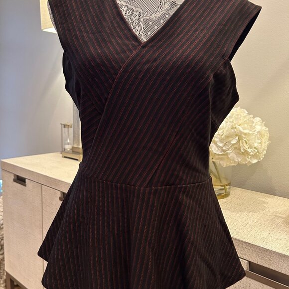 BCBGMaxazria Chic blouse with black and red stripes. Flattering V-neck design. F - Picture 1 of 8